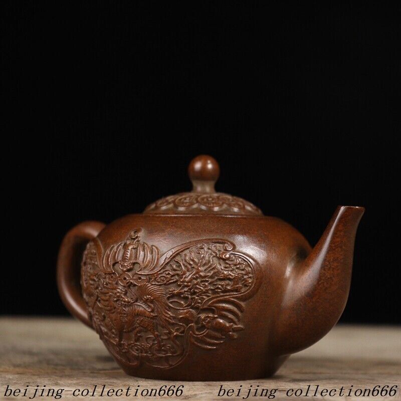 5.6" Chinese Ancient Bronze Dragon Phoenix Kirin Bat Tea Makers Tea Pot Statue