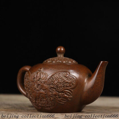 5.6" Chinese Ancient Bronze Dragon Phoenix Kirin Bat Tea Makers Tea Pot Statue