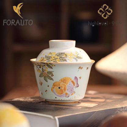 Ceramics Gaiwan Teacup Tea Set 100ml 3.4oz Goldfish Tea Bowl Kungfu Tea Set