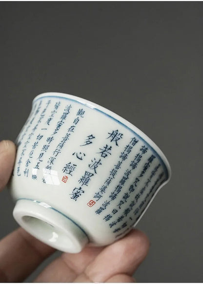 Chinese Jingdezhen Handmade Ceramic Teacup Hand Painted Heart Sutra Tea Bowl