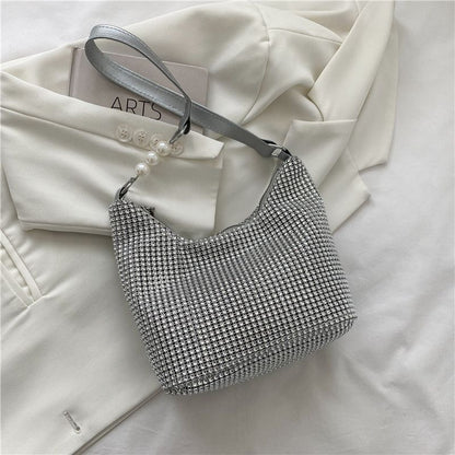 Fashion Rhinestone Square Bag Messenger Pearl Chain Shoulder Bags Purse Square