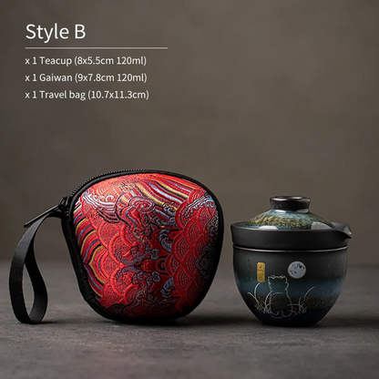 Embersceramic Cute Cat Ceramic Tea Cups and Sets Travel Tea Set with Bag