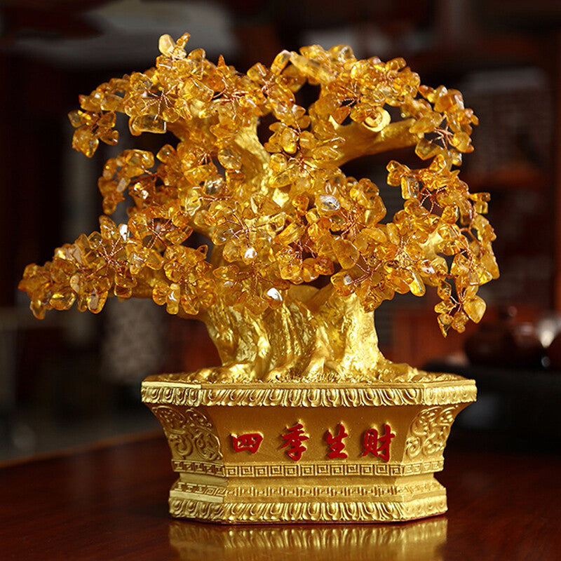Yellow Crystal Stones Feng Shui Fortune Money Tree  Wealth Luck Decoration--