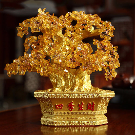 Yellow Crystal Stones Feng Shui Fortune Money Tree  Wealth Luck Decoration--