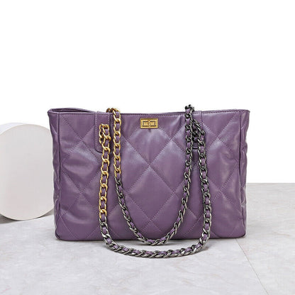 Quilted Sheepskin Leather Shoulder Bag Tote Handbag w/ Chains Purse Fashion