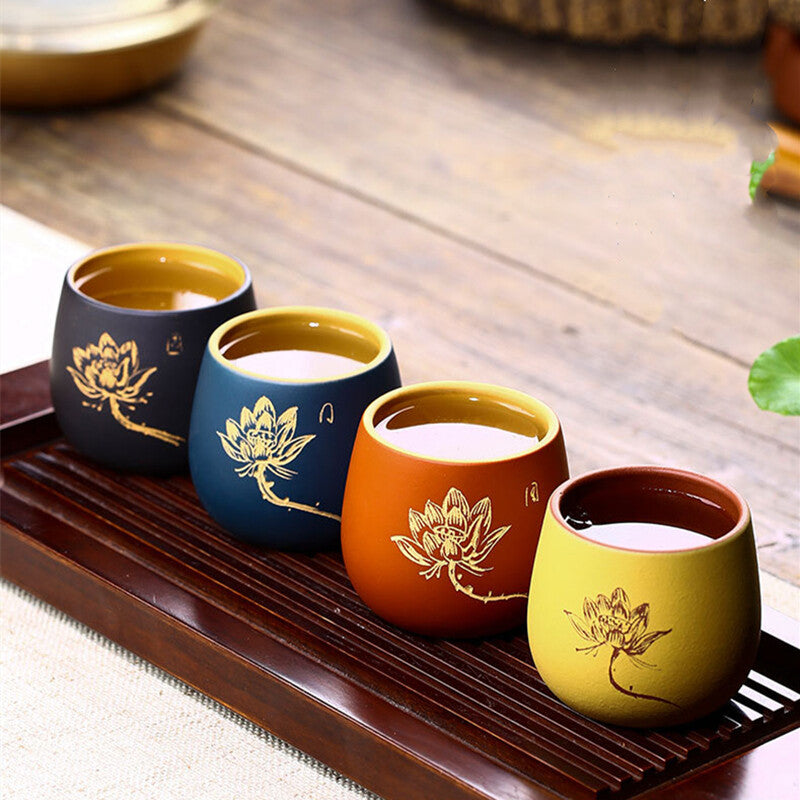 True Yixing Zisha Purple Grit Tea Cup Floral Lotus Design Handmade Master Cup