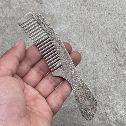 Handmade Tibetan Silver Comb Dragon Phoenix Carved Hair Comb Decorative Piece