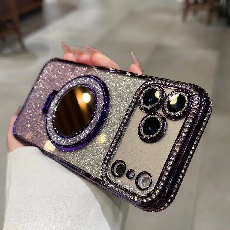 IPhone17 Magnetic Glitter Mobile Phone Case Rhinestone Mirror Invisible Bracket