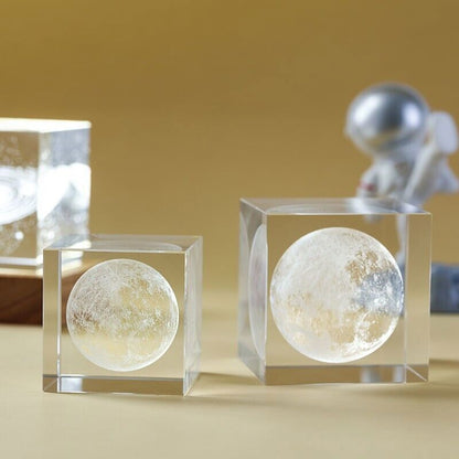3D Moon Laser Etched Crystal Glass Cube LED Night Light Room Decor Creative Gift