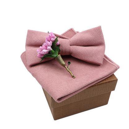 Men Bow Ties 3Pcs Cotton Handkerchief Flower Brooch Women Party Wedding Necktie