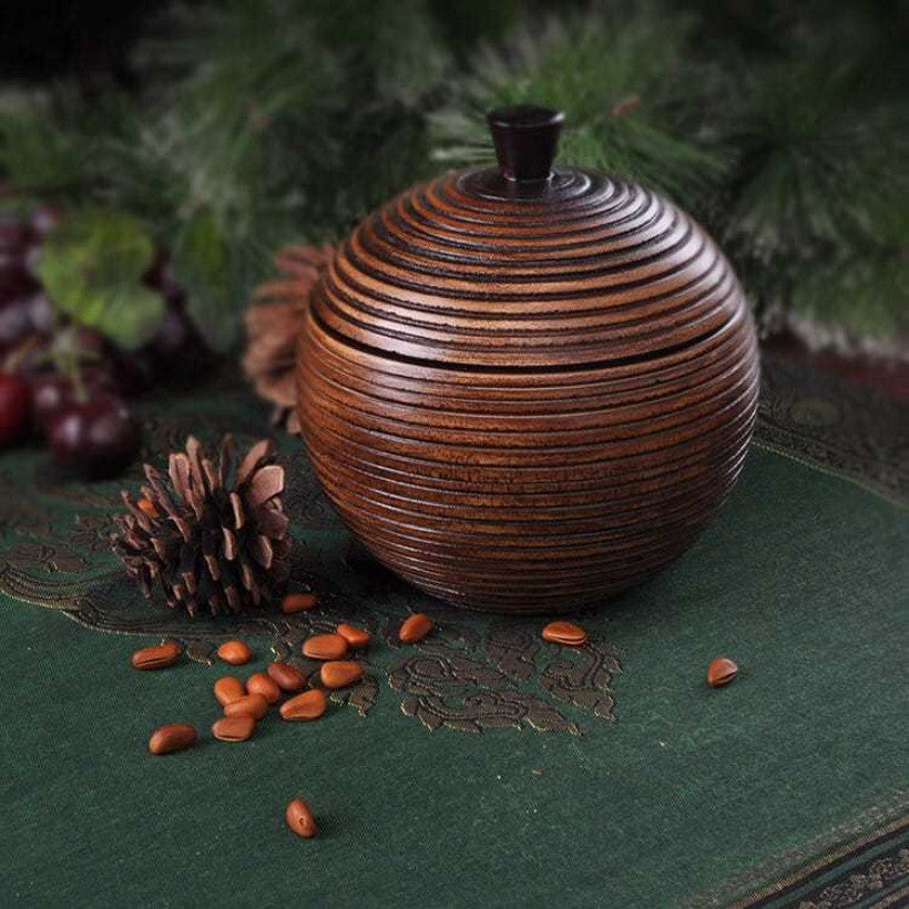 Solid Wood Carved Storage Jar 15cm Vintage Tea Nut Go Game Box with Lid