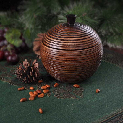 Solid Wood Carved Storage Jar 15cm Vintage Tea Nut Go Game Box with Lid