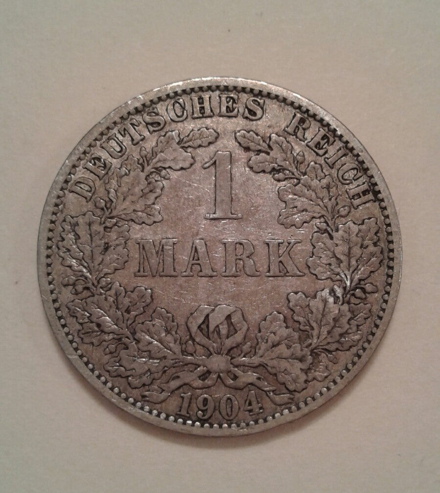 1904 Germany 1 Mark Wilhelm II Crowned Imperial Eagle Shield Silver Coin 德国马克银币