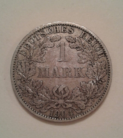 1904 Germany 1 Mark Wilhelm II Crowned Imperial Eagle Shield Silver Coin 德国马克银币