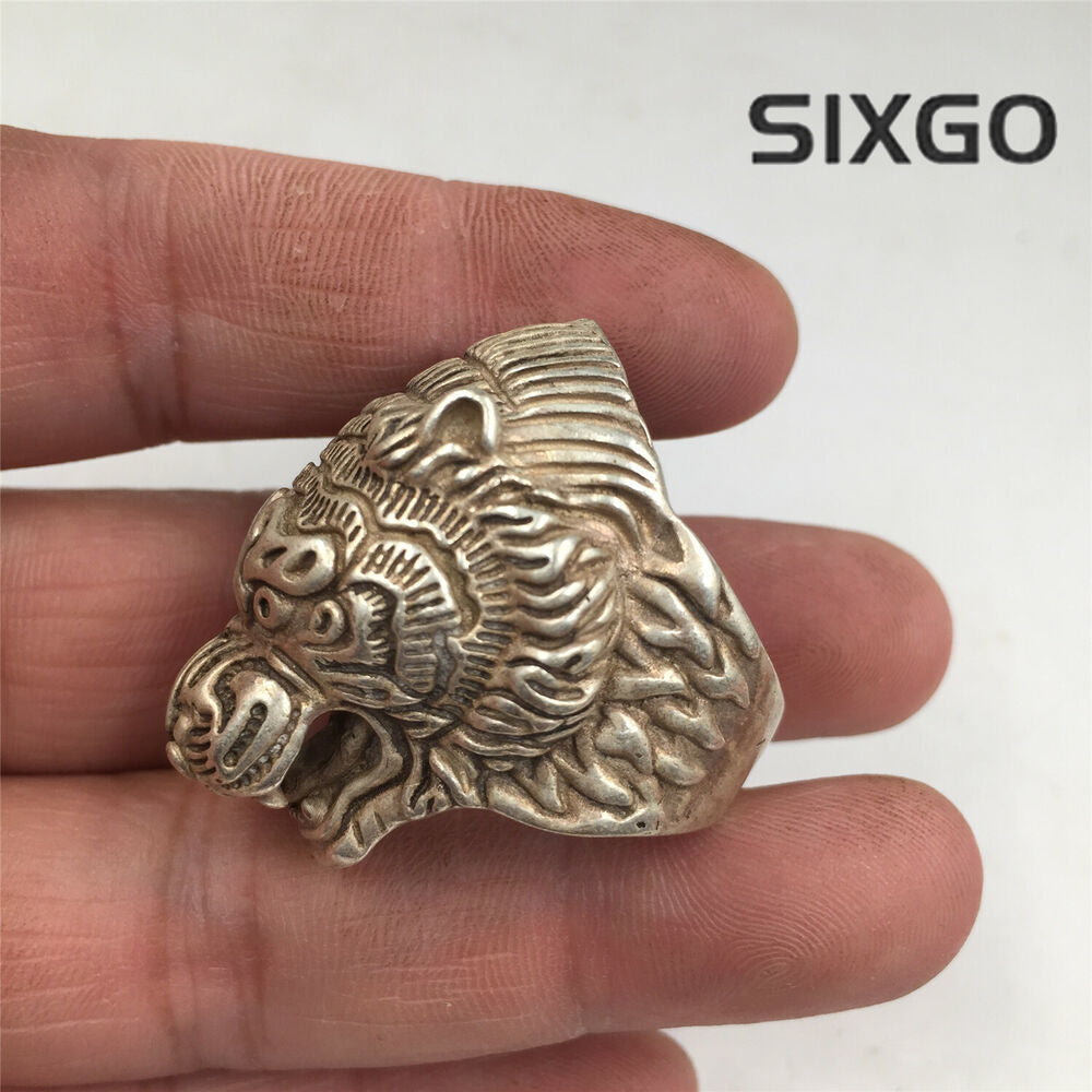 China old antique Tibetan silver handmade Luck Tiger 19mm ring