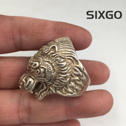 China old antique Tibetan silver handmade Luck Tiger 19mm ring