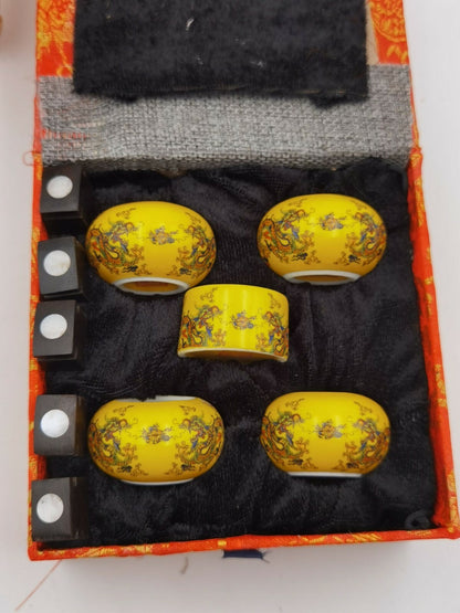 1set 5pcs Asian Bamboo Bird Cage Dragon Yellow Ceramics Cups