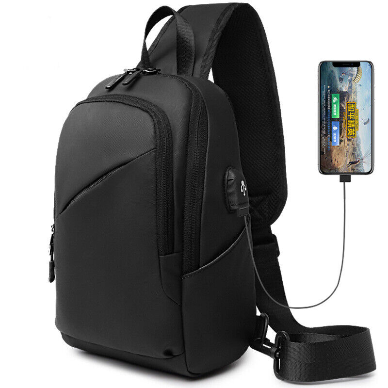 Mens Black Sling Backpack Oxford cloth Waterproof Crossbody Bag USB Port Outdoor