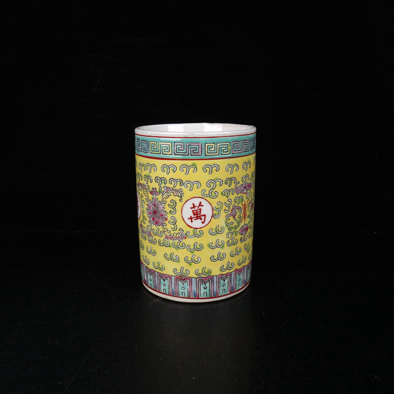 5.1" Chinese Famille Rose Porcelain Lotus Flower Branch Character 寿 Brush Pot