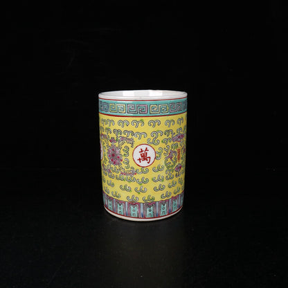 5.1" Chinese Famille Rose Porcelain Lotus Flower Branch Character 寿 Brush Pot