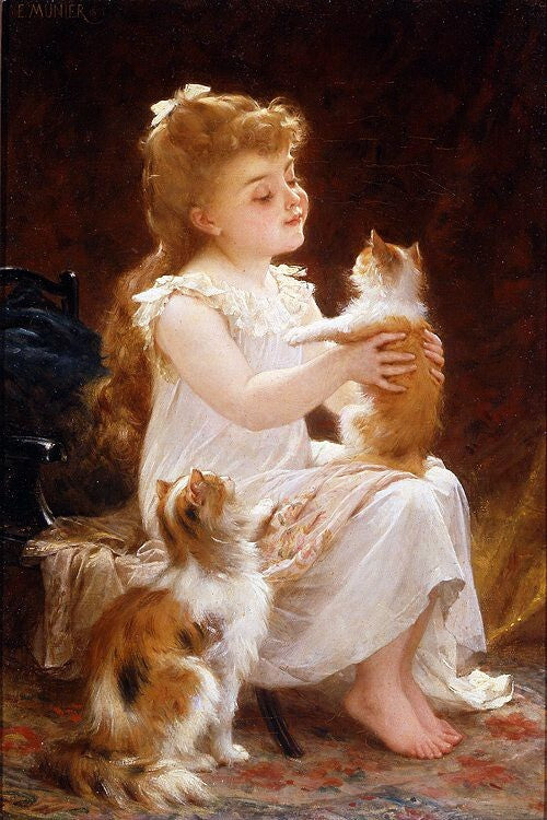 Oil painting Playing-with-the-Kitten-1893-Emile-Munier-oil-painting-girl child