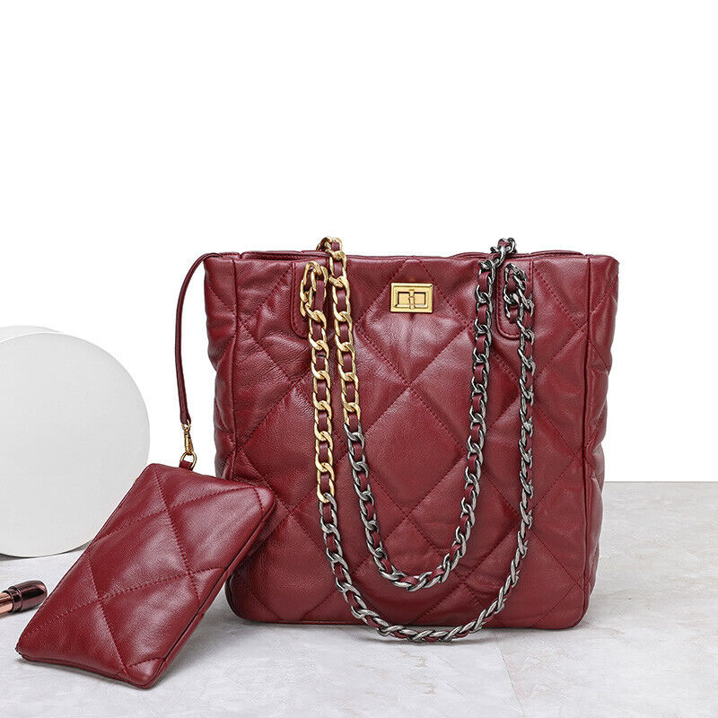 Quilted Sheepskin Leather Tote Shoulder Bag Purse Chain Handles Handbag Fashion
