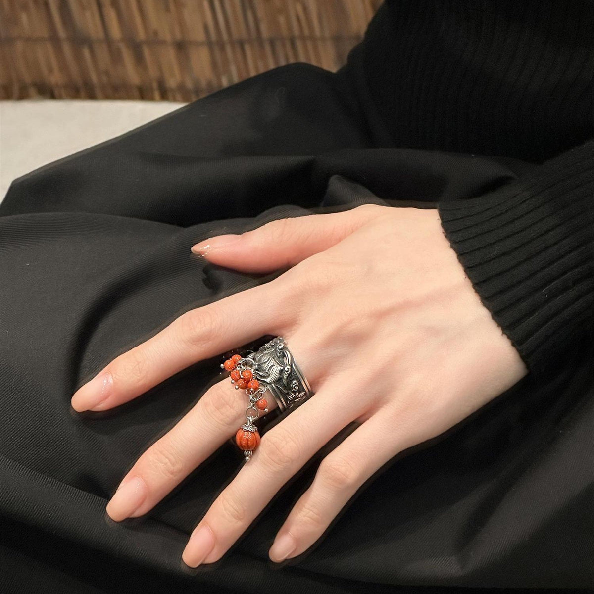 Handmade Lion Dance Ring Red Bead Gourd Chinese Style Niche Design Ethnic Ring