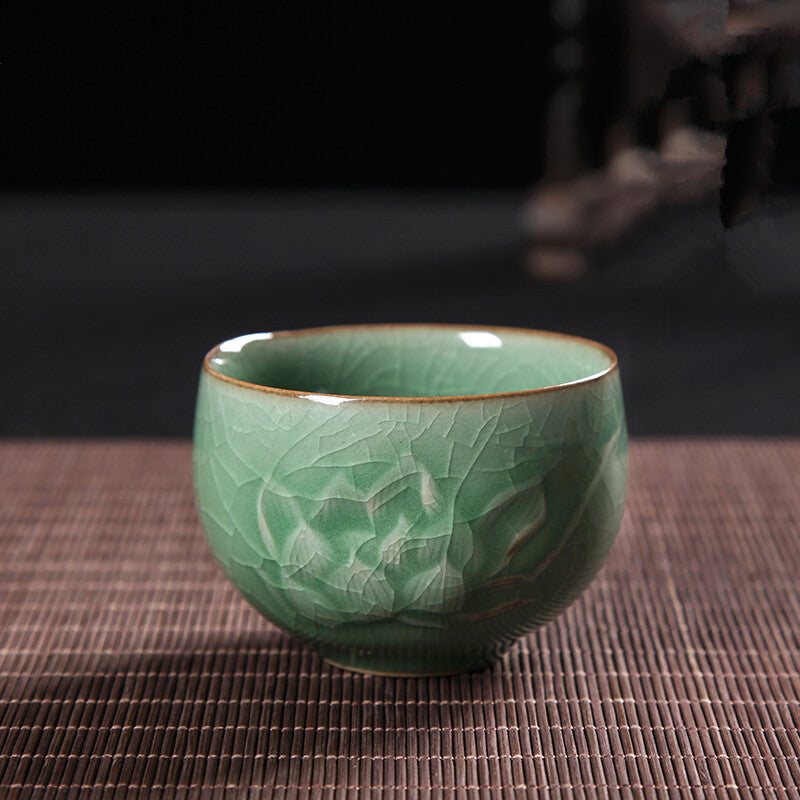 Creative Tea Cup Longquan Celadon Crackle Glaze Porcelain Cup Peony Relief Cups