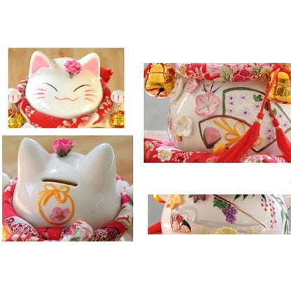 5.9" Maneki Neko Japanese Lucky Cat Two Bells Ornately Decorated Ornaments