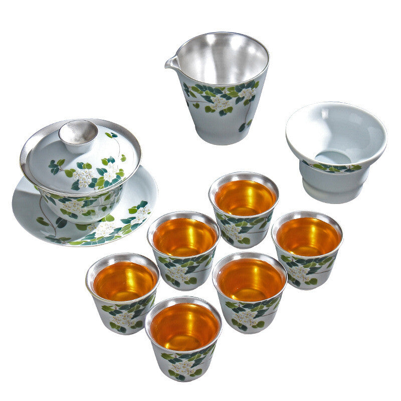 Health Care Pure Silver Tea Set Porcelain Flower Relief Honeysuckle Gaiwan Cups