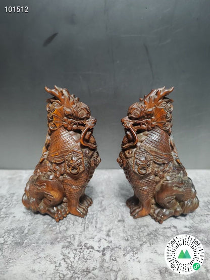 Pair Chinese boxwood kirin statue Figure good stand collection Art tea pet
