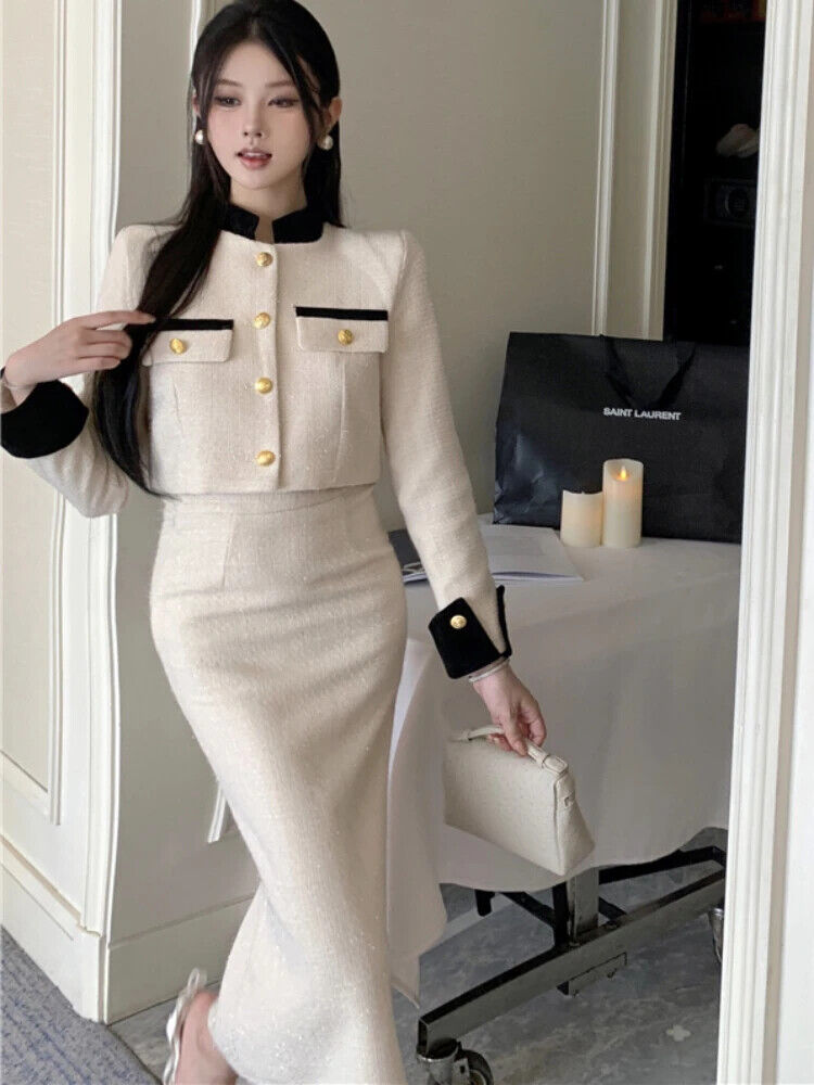 Two Piece Set Women Skirt 2023 Autumn Tweed Jacket Midi Pencil Skirt