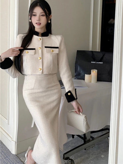 Two Piece Set Women Skirt 2023 Autumn Tweed Jacket Midi Pencil Skirt