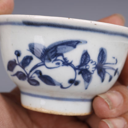 2.8 inch Chinese Blue and White Porcelain Qing Guangxu Bird Design Teacup Cup