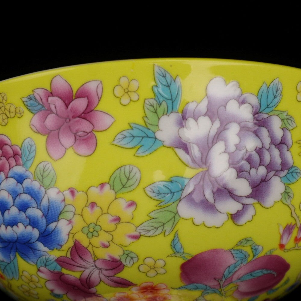 Old Chinese porcelain Yellow glaze color Painted flowers bowl Qianlong Mark a404