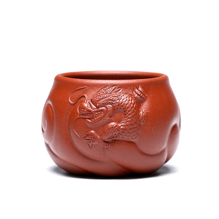 one cup true yixing zisha purple clay Chinese handmade dragon carved master cup