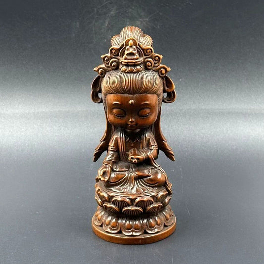 Vintage Chinese Boxwood Carving Baby Kuan Yin Statue Figurine Art Christmas Gift