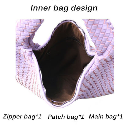 Leather Shoulder Bags Handmade Woven Handbag Big Capacity Patchwork Zipper Purse