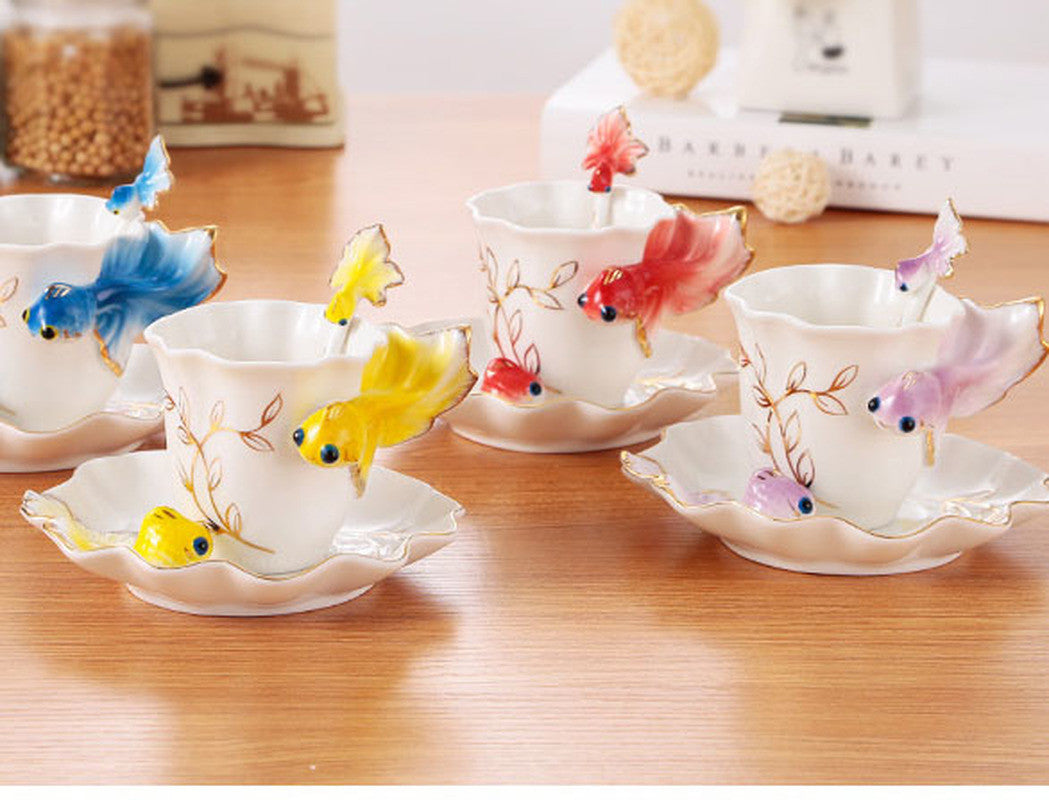 200ml 3D Goldfish Coffee Mugs Bone China Tea Cups Dish Spoon Creative Coffeeware