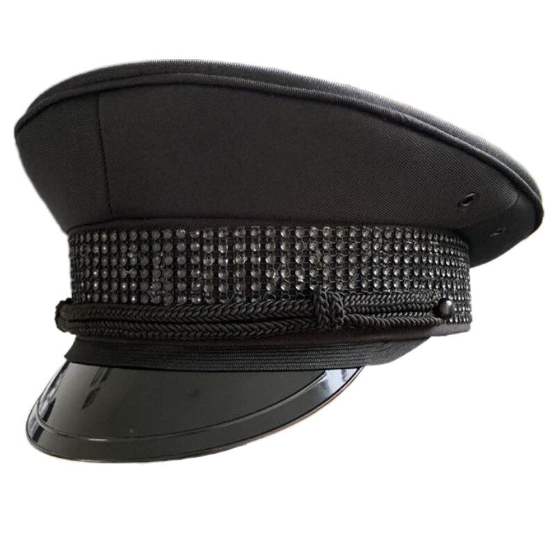 Unisex Army Captain Hat Rhinestone Fancy Dress Cap Police Military Costume Black