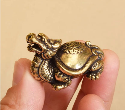 Chinese Copper Brass Dragon Turtle Small Fengshui Statue Tea Pet Lucky Ornament