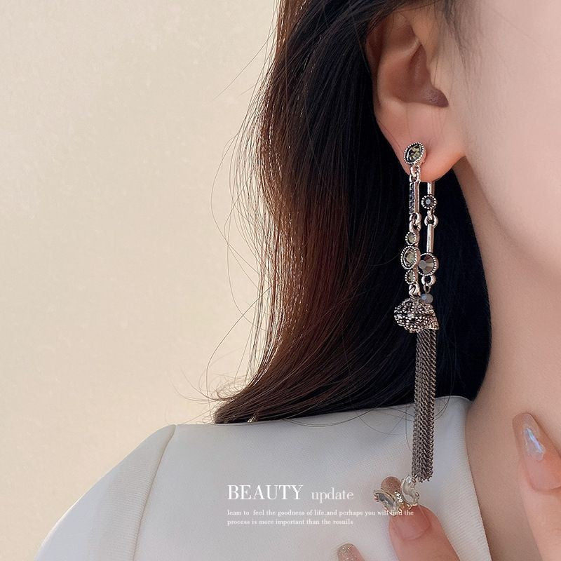 Silver-Plated Rhinestone Ball Tassel Earrings Retro Dangle