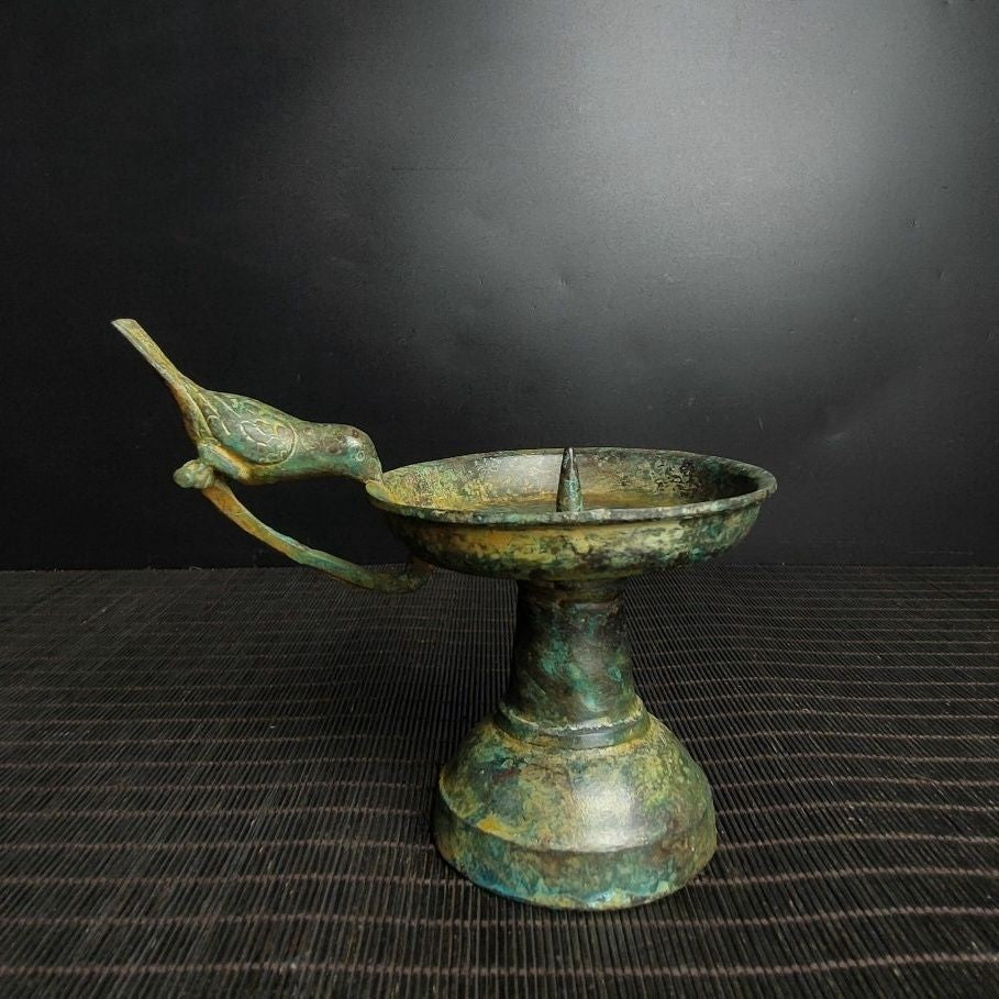 Chinese Warring States Bronze Bird-Handle Lamp Replica 13x17cm Decor