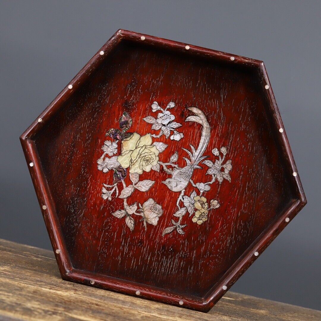Precious solid wood, sandalwood wood carving, inlaid shell, cow hair, hexagonal
