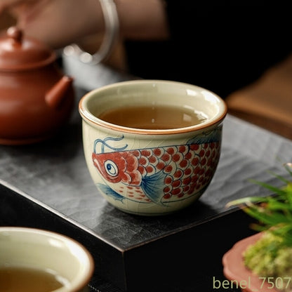 Chinese Hand Painted Fish Antique Water Cups Ceramic Opening Beautiful Tea Cup