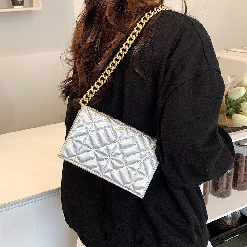 Metal Chain Shoulder Bag Handbag Purse Shiny Leather Small Fashion 22*14*7 CM