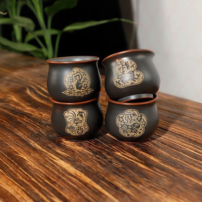 70ml Chinese Purple Pottery Handcarved Twelve Zodiac Master Cup Kungfu Teaware