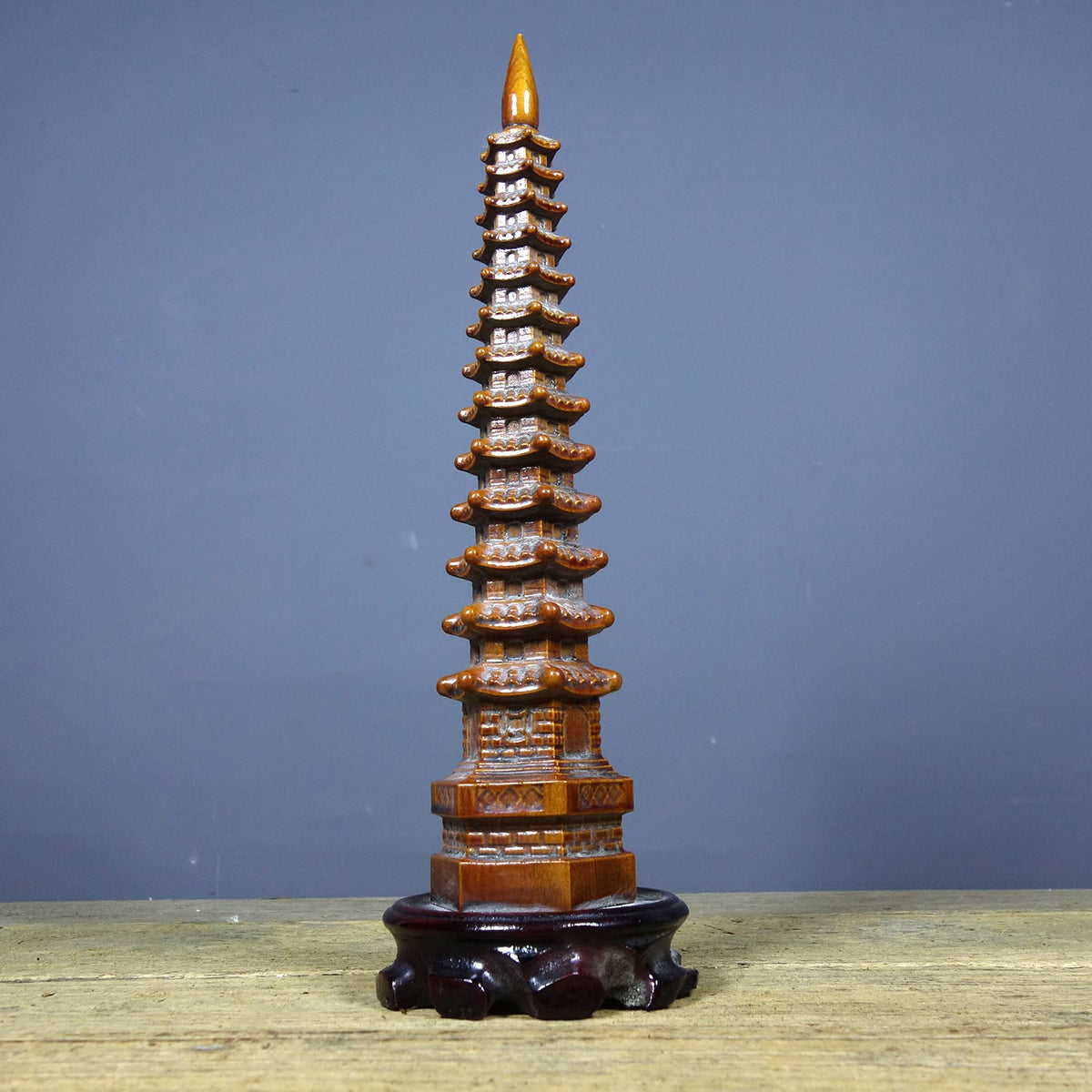 Vintage Rosewood Wenchang Pagoda, Hand-Carved, Red Sandalwood Base, 28cm