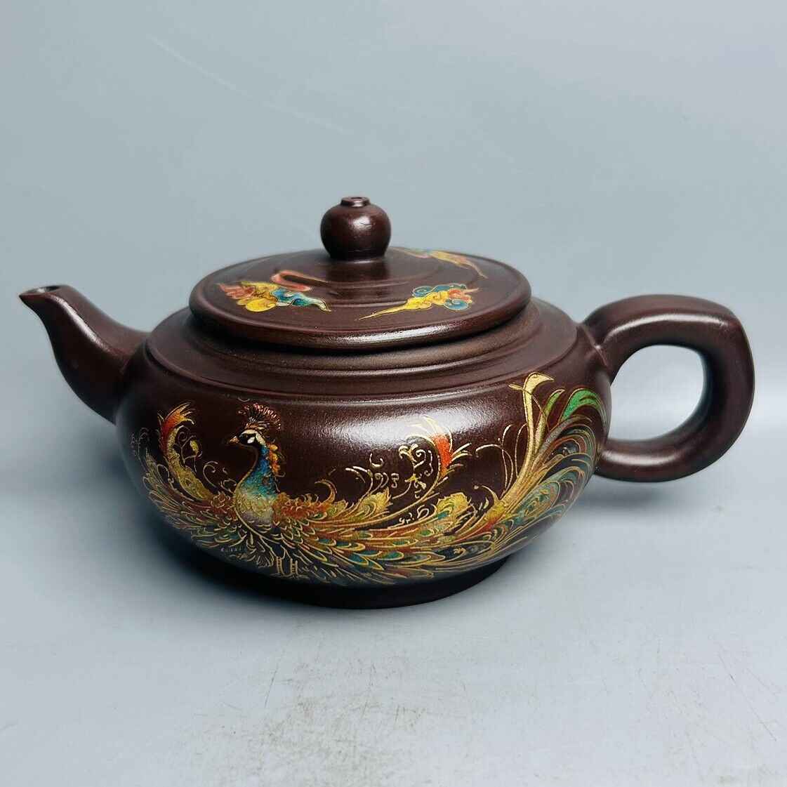 Chinese Yixing Purple Clay Teapot Zisha Ceramic Painted Fine Peacock Tea Set Art