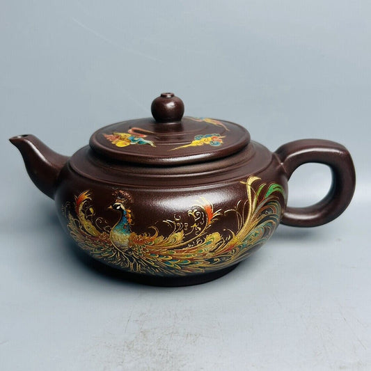 Chinese Yixing Purple Clay Teapot Zisha Ceramic Painted Fine Peacock Tea Set Art
